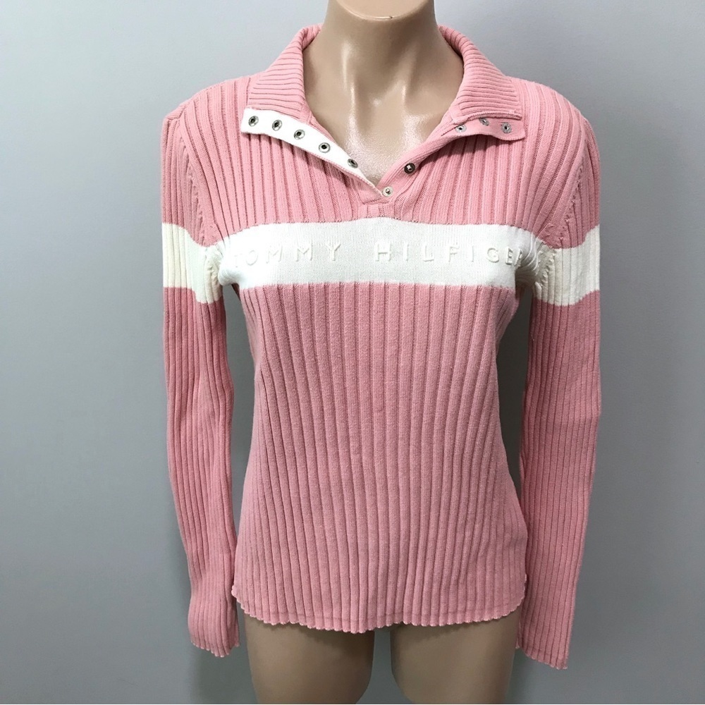 Tommy Hilfiger Pink White Stripe Ribbed Knit Sweater Preppy Embossed Logo Small